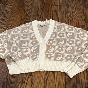 American Eagle Outfitters Cream and Brown Cropped Cardigan